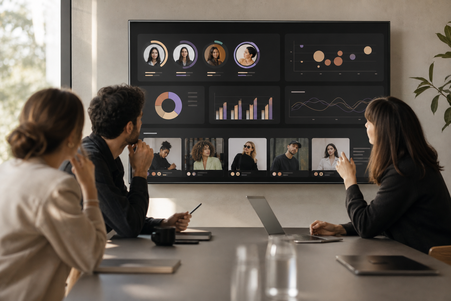 Agency team reviewing creator profiles with scoring overlays on a large screen